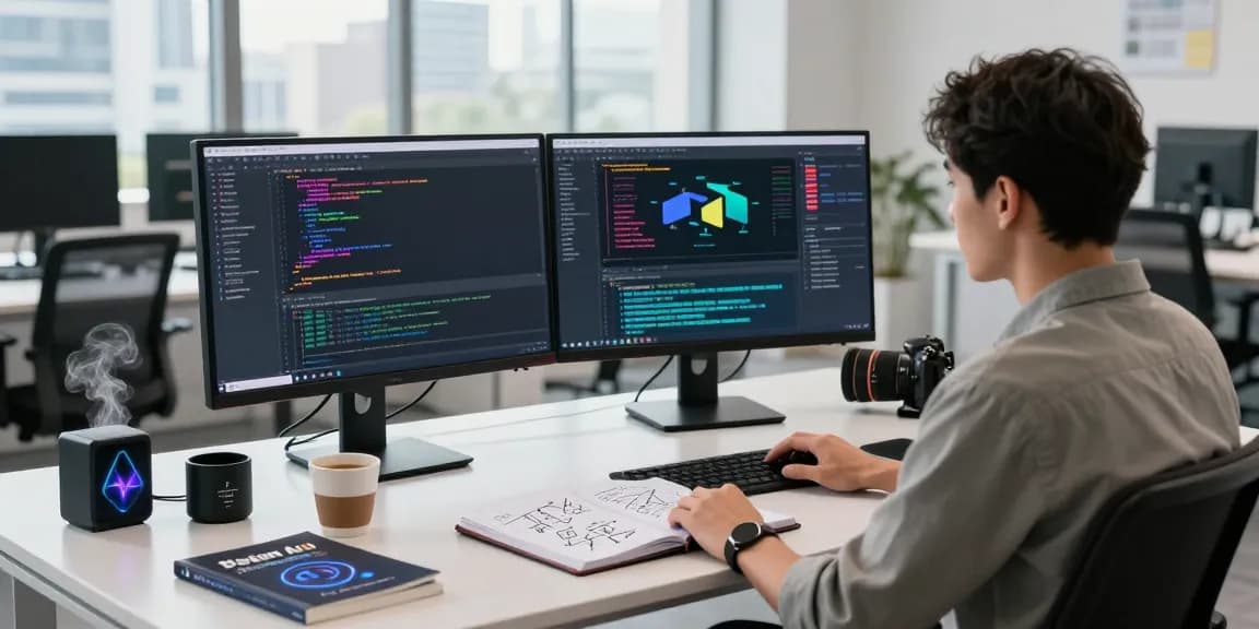 Developer using AI tools 2026 on dual monitors with vibrant code and an inspiring workspace.