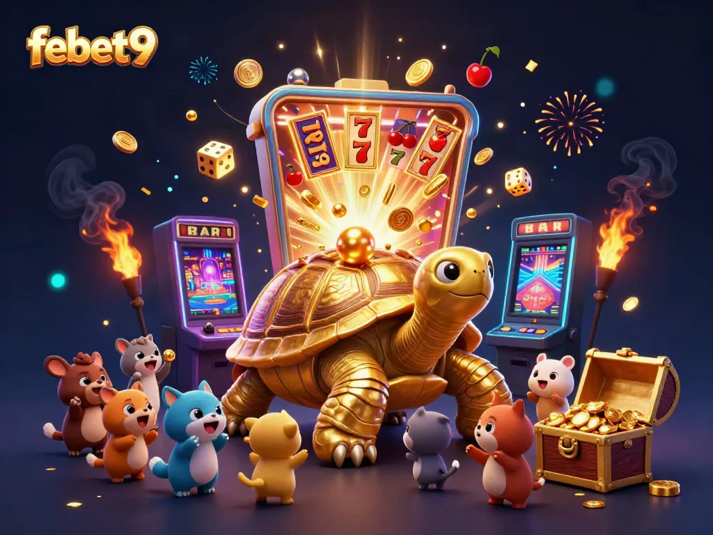 Experience the vibrant excitement of febet9 with a lively scene of a pinball tortoise and a jackpot explosion.