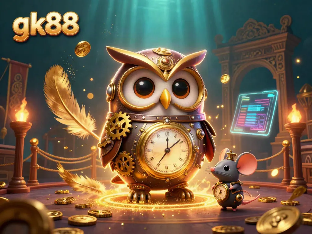 Engage in thrilling casino action with gk88's dynamic 3D illustration featuring an owl and steampunk elements.
