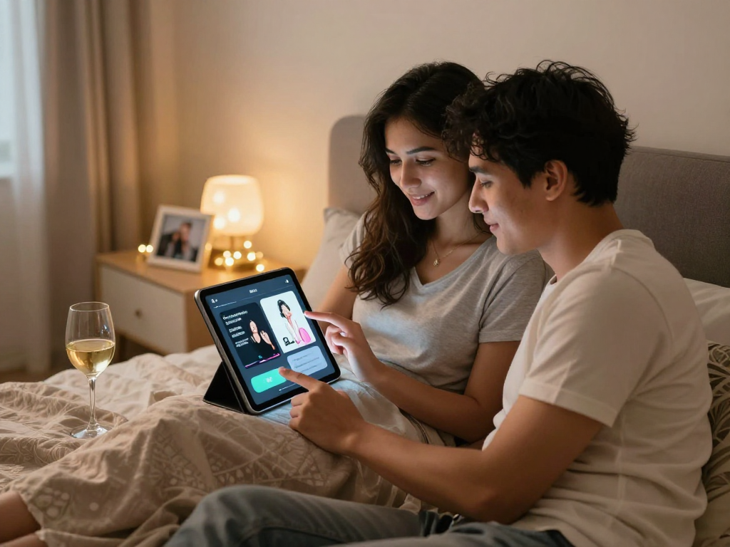 Couple exploring ai sex wellness apps in a cozy bedroom