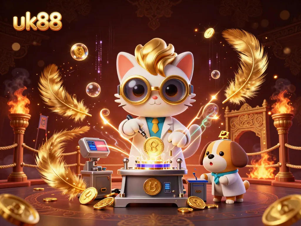 Experience the excitement of uk88 with a mad scientist cat and assistant dog in a casino-inspired lab.