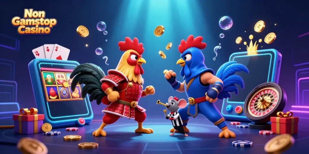 Engage with thrilling gameplay at Non Gamstop Casino, featuring dynamic cartoon roosters in action.