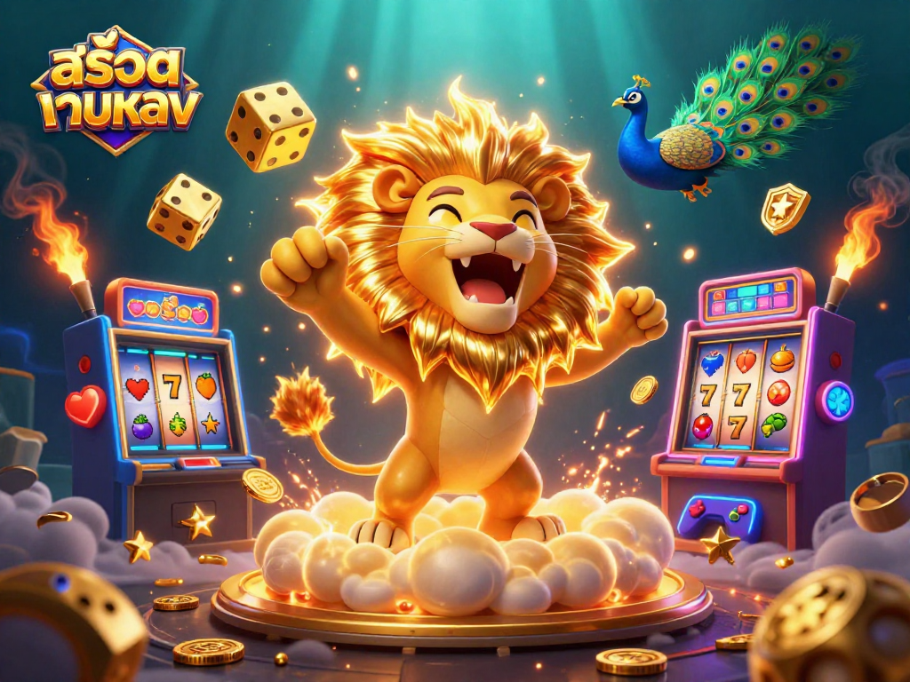 Engage with สล็อตเว็บตรง and win with vibrant 3D slot gaming visuals featuring a roaring lion and dynamic characters.
