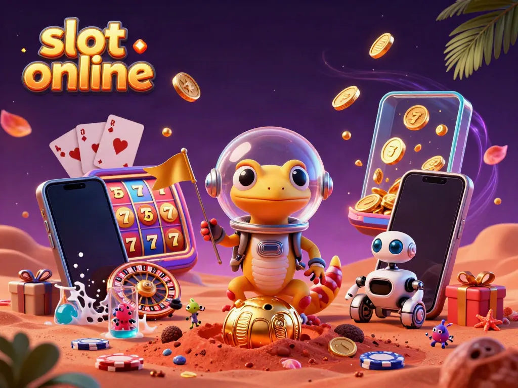 Play dynamic slot online games with a Martian gecko and futuristic elements in this vibrant 3D illustration.