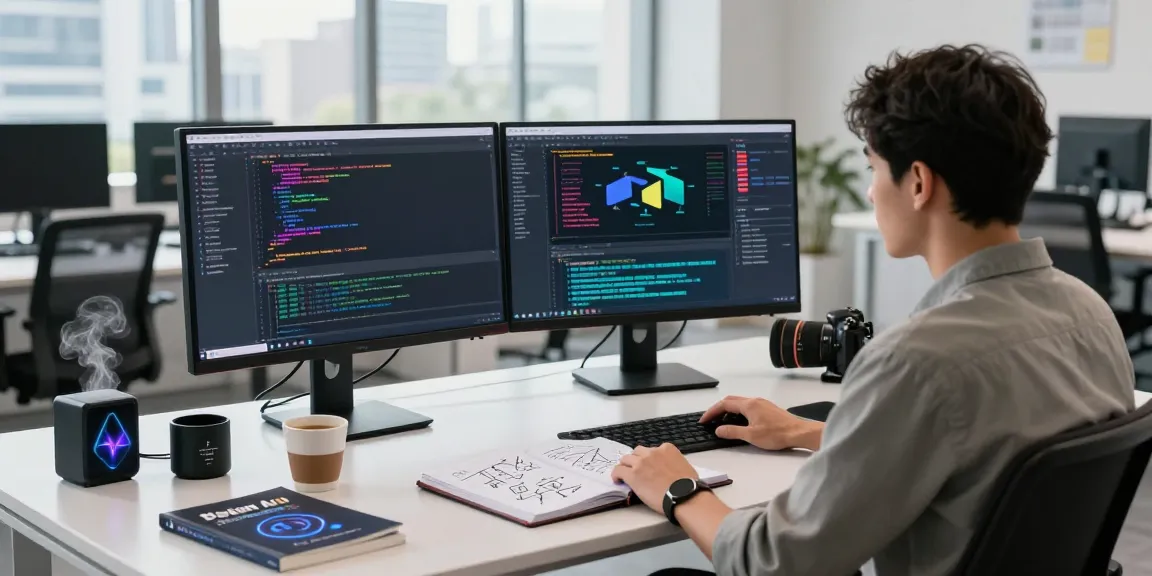 Developer using AI tools 2026 on dual monitors with vibrant code and an inspiring workspace.