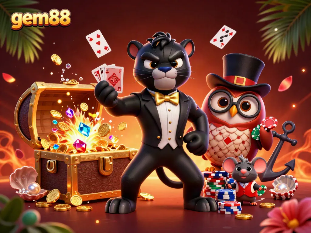 Experience thrilling games at gem88 with the stylish black panther dealer and lucky characters.