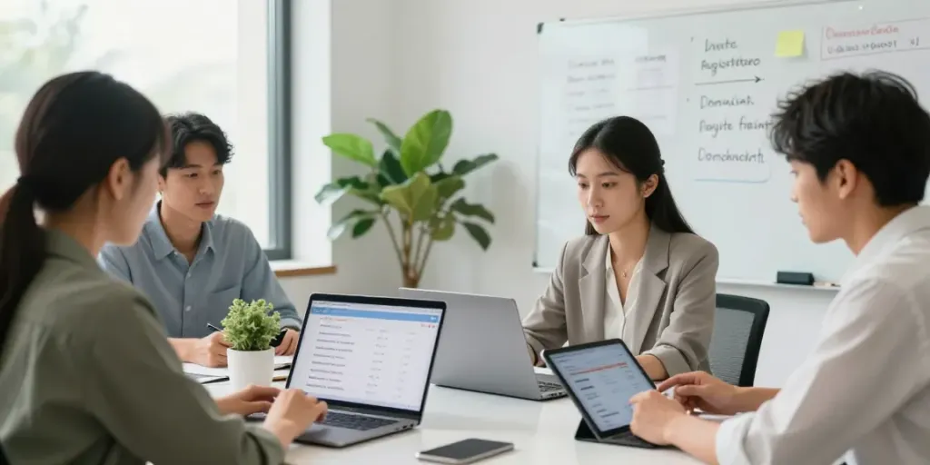 Team collaborating to buy domain name in modern office.