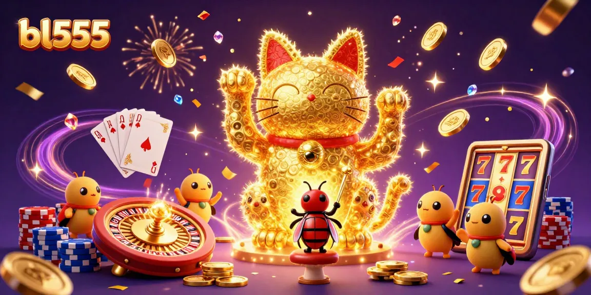 Experience the magic of bl555 with a lucky cat surrounded by sparkling games and golden treasures.