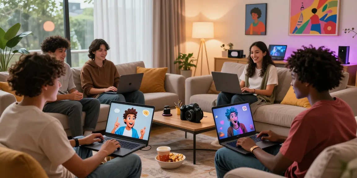 Interactive NSFW AI chat scene with diverse friends designing characters and enjoying conversations.