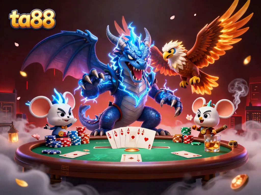 Engage with ta88's thrilling poker gameplay featuring dynamic characters amidst vibrant casino elements.