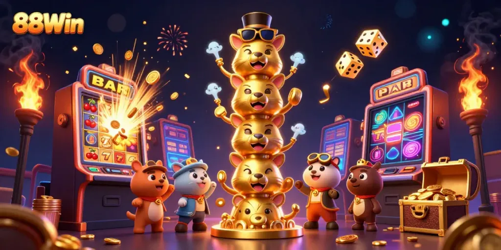 Spin vibrant 88Win slot machines with dynamic golden totem and casino accessories.