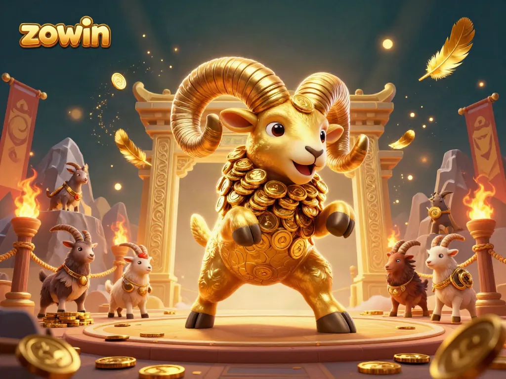 Zowin showcases a cartoon scene of a golden ram charging through a casino gate with betting tokens.