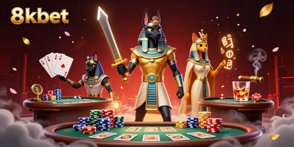 Engage with 8xbet in a vibrant casino scene featuring Anubis and Bastet amidst poker elements.