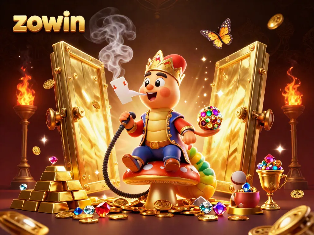 Experience the excitement of zowin casino with a captivating 3D illustration of a whimsical character immersed in gaming.