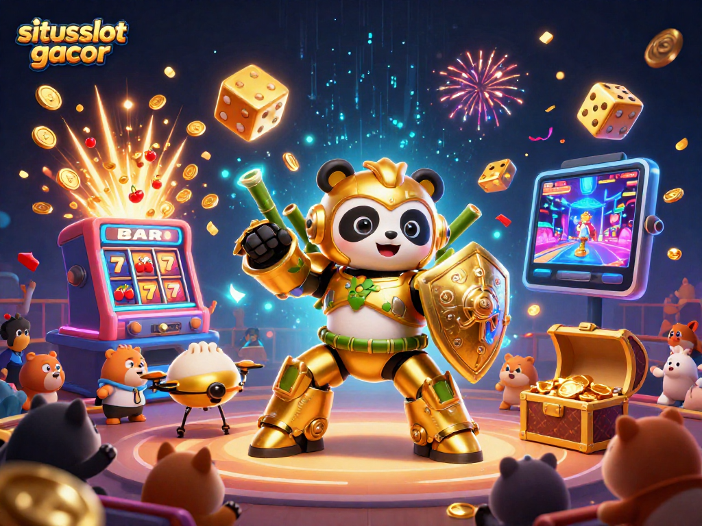 Sparks fly as a mech-suit panda celebrates a jackpot at situs slot gacor
