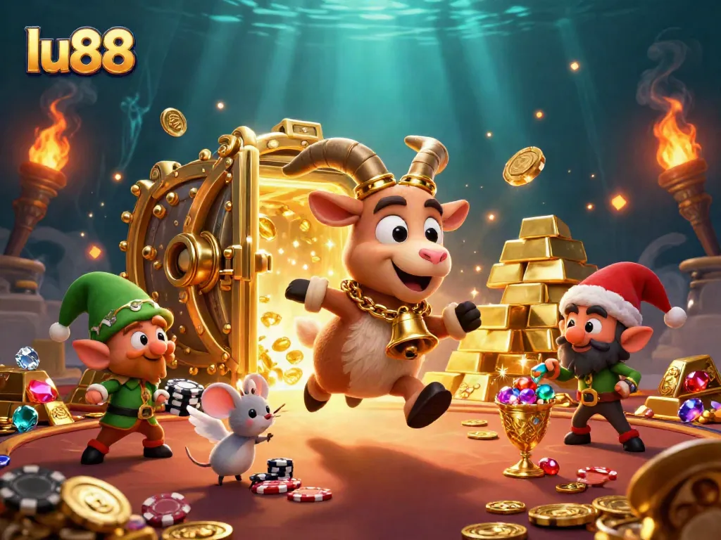Experience thrilling gameplay at lu88 with festive characters in a dynamic casino scene.