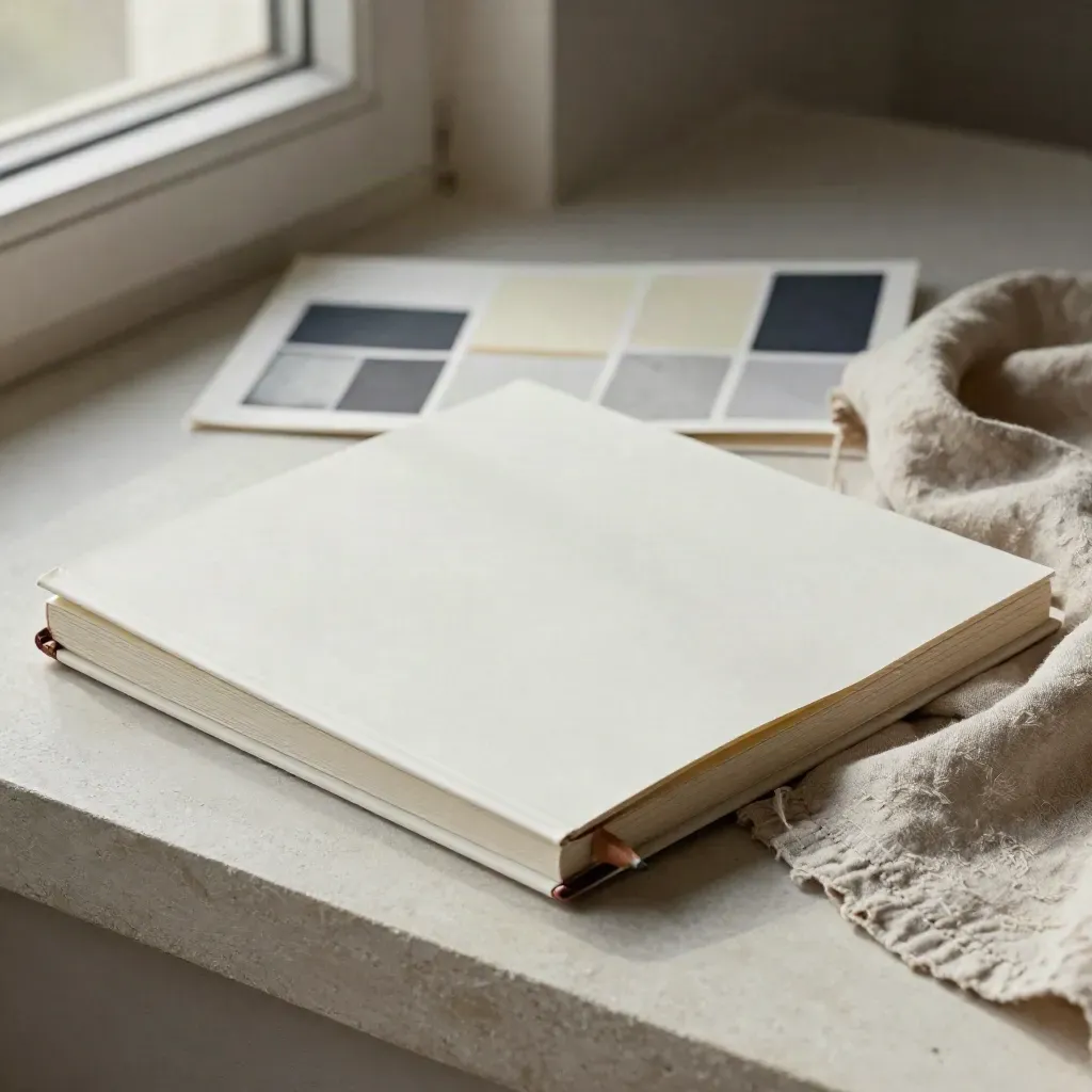 Half-open brand-voice workbook with linen wrap, proof sheet and palette chips on plaster.