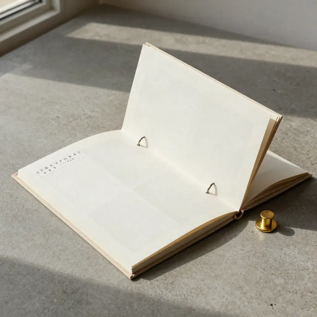 Overhead flatlay of an unbranded market-entry folio with folded paper samples and brass binding.