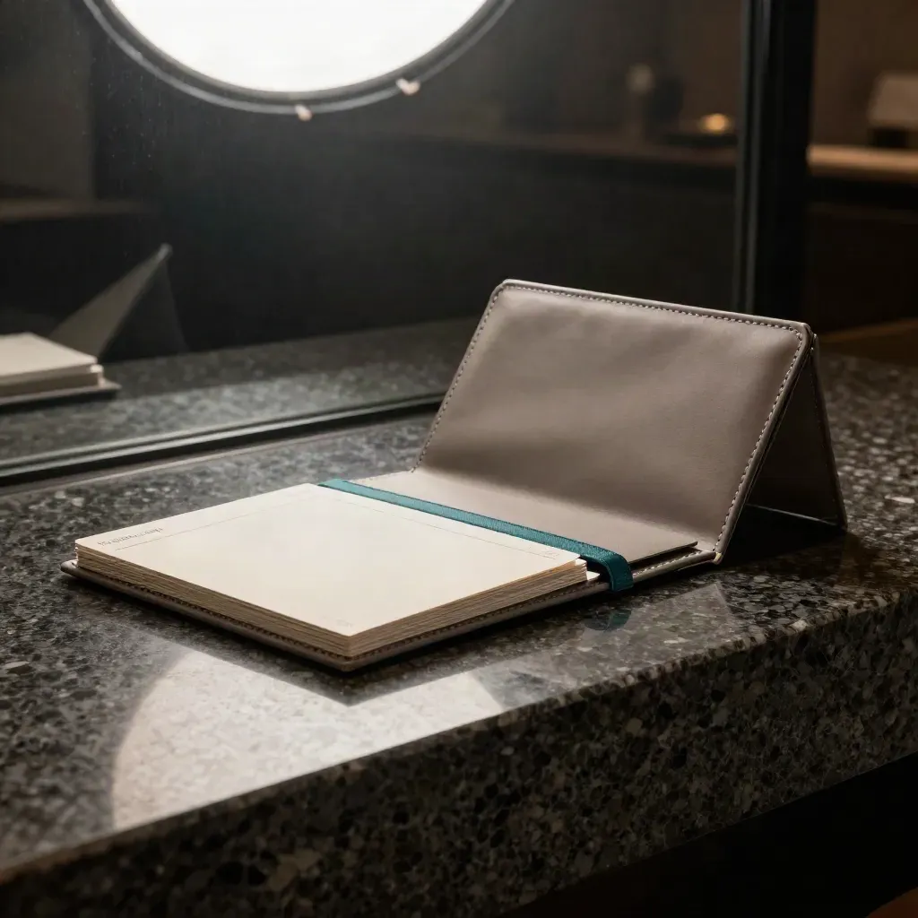 Sprint pack with folder, cards and pouch on a glossy stone ledge in moody studio light.