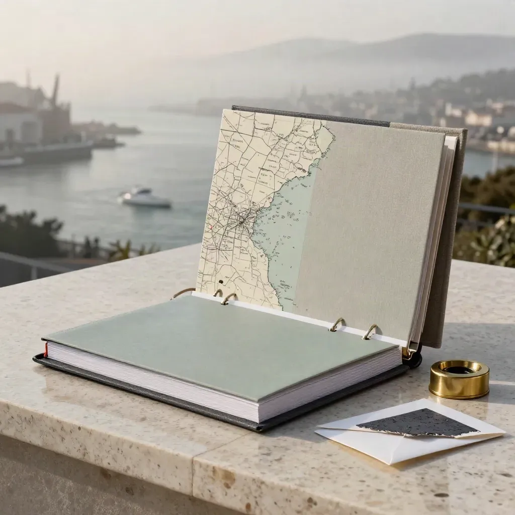Market-entry binder set, map folio, slipcase and brass weight on a misty terrace.