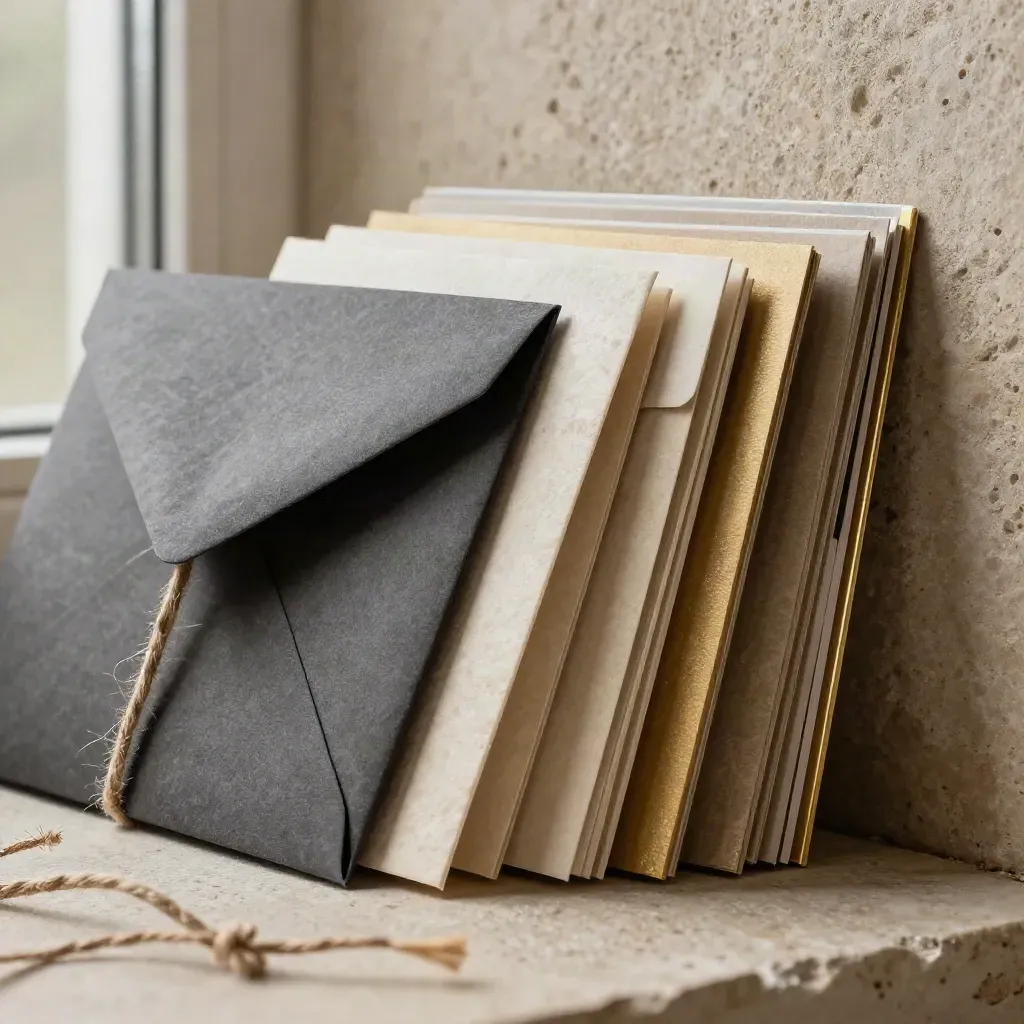 Textured shortlist sleeve with graphite envelope, twine and swatch cards stacked on stone.