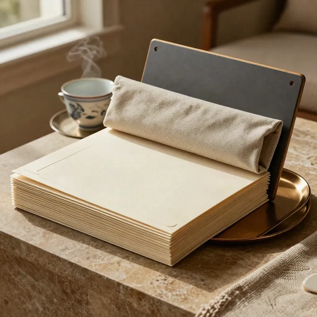 Client onboarding kit with folders, linen pouch, and steam beside a stone plinth