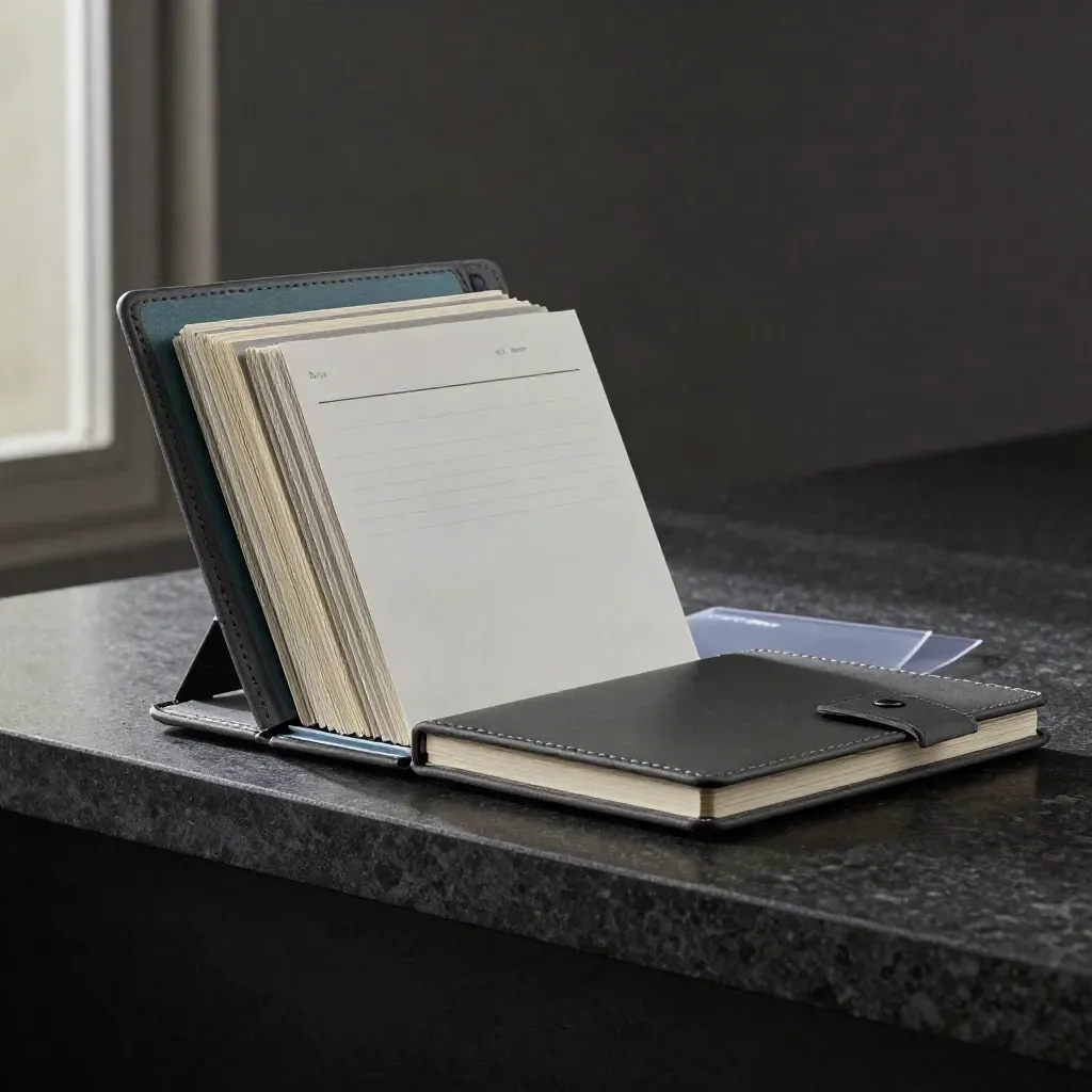 Dark coordination kit on stone shelf, teal tabs, graphite notebook, one card lifting in a draft