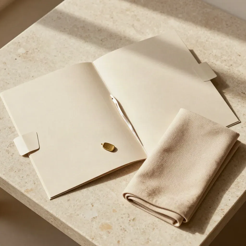 Overhead flatlay of a sand folder, blank insert, brass pin and folded cloth on travertine.
