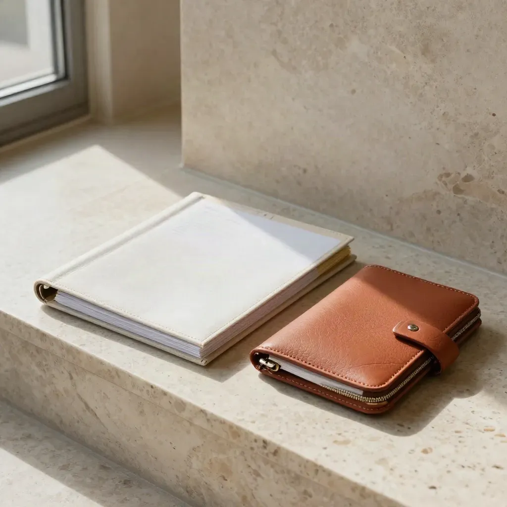 Closed binder, scheduler cards and cable pouch on travertine step in soft daylight.