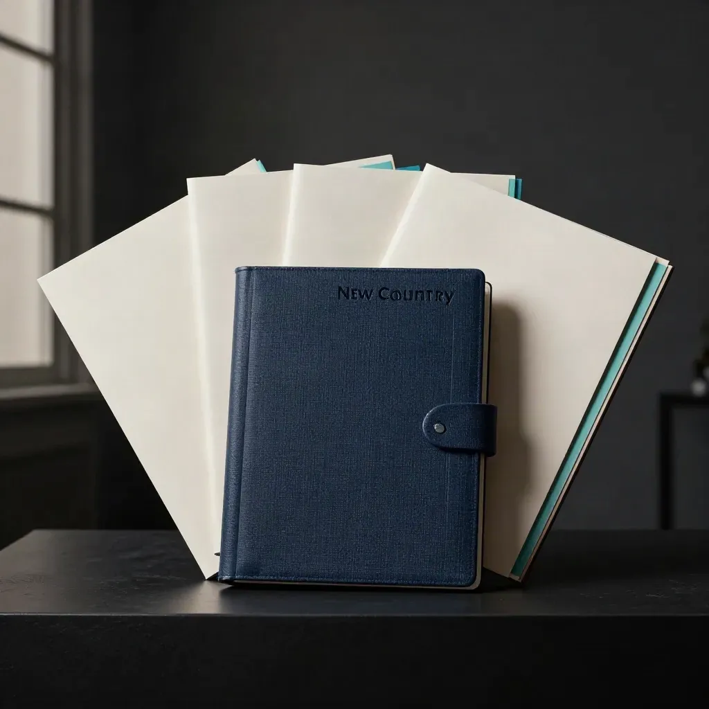 Dark dramatic launch pack binder with fanned folios and teal accents on a black plinth