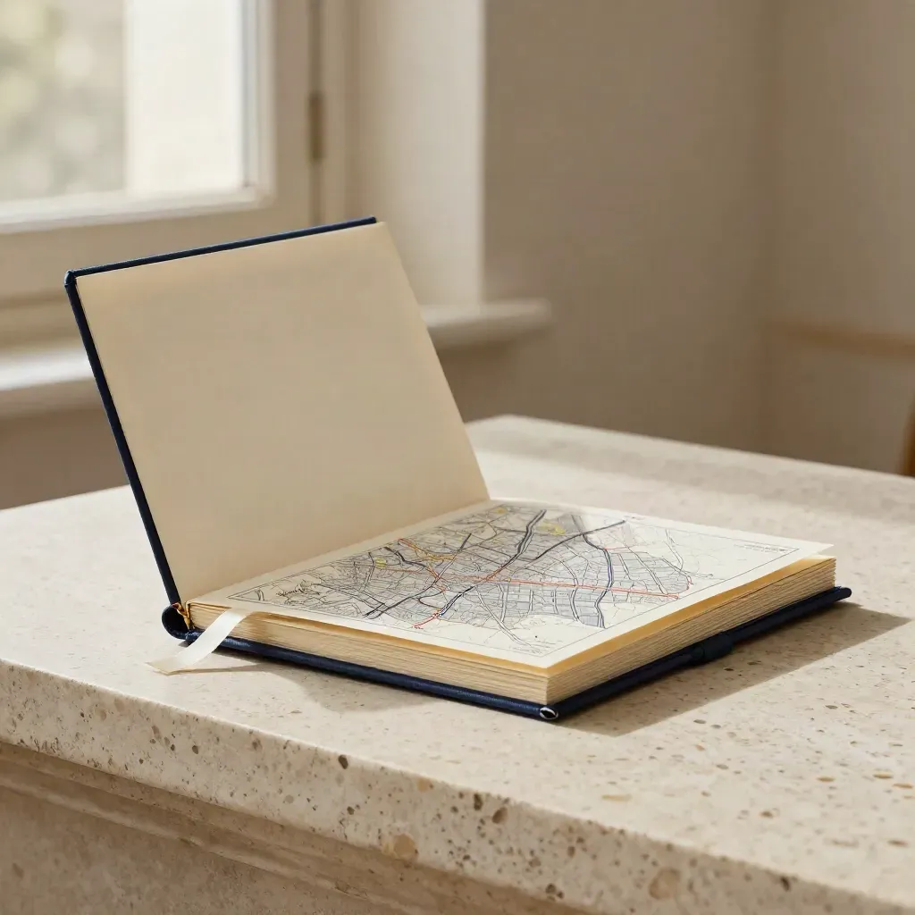 Ivory France audit kit with map folio and ribbon on travertine in soft morning light