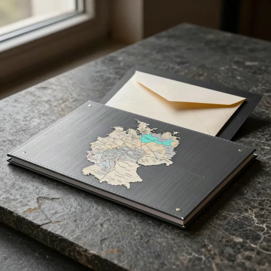 Graphite sales map folio, tab dividers, and sealed envelope sliding on stone under dramatic studio light.