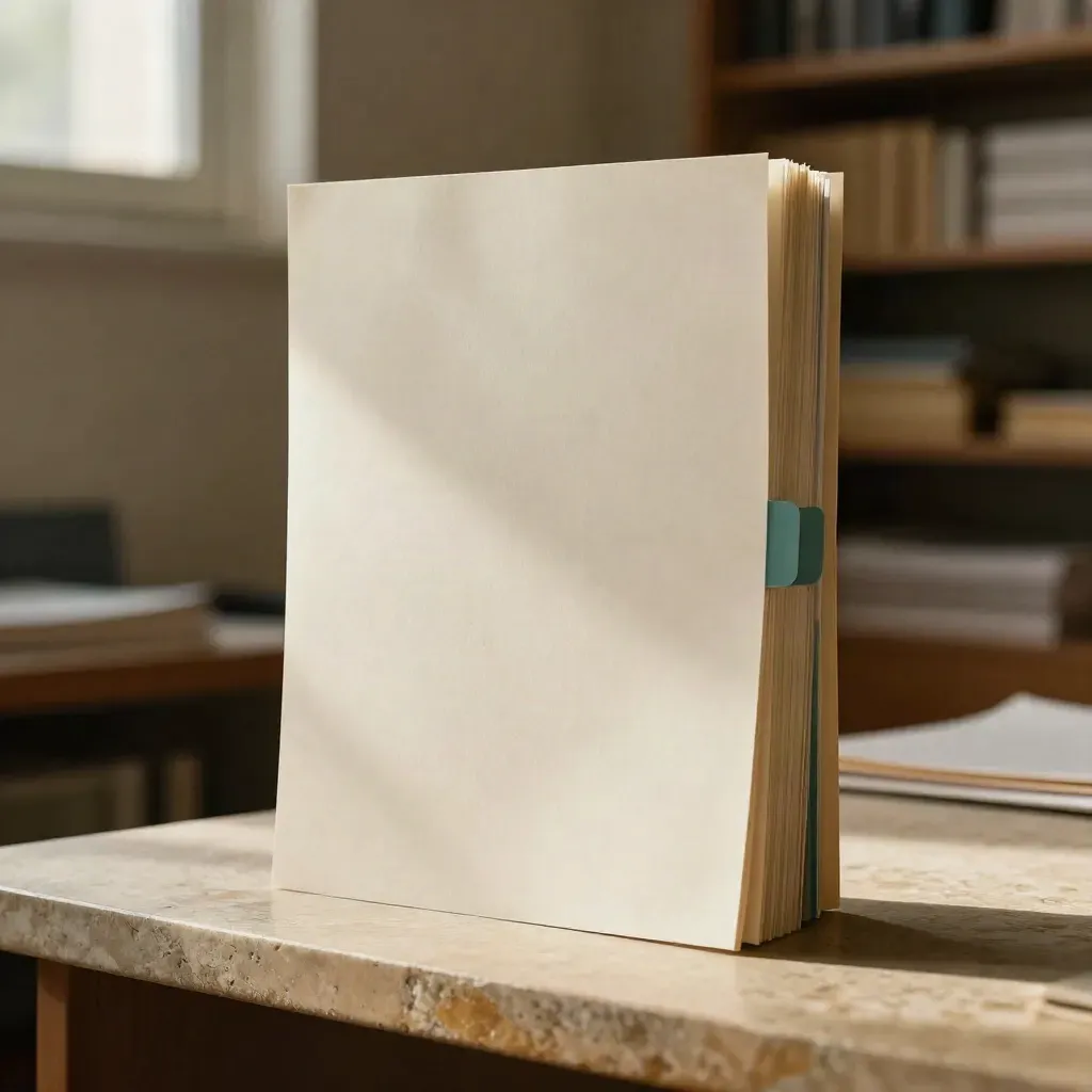 Paper copy kit stacked on limestone with blank cue sheets and a clipped proof deck.