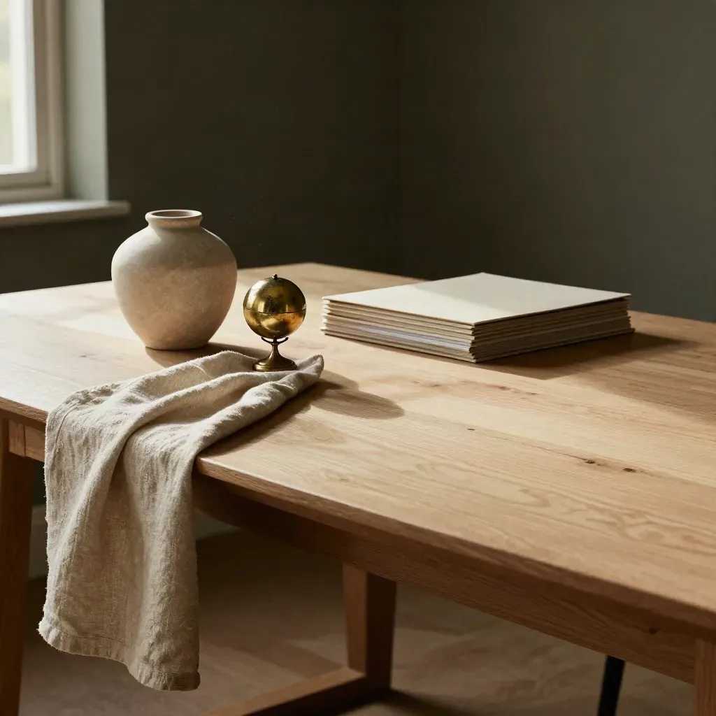 Sunlit oak table corner with linen runner and ceramic vessel in a quiet consulting interior.