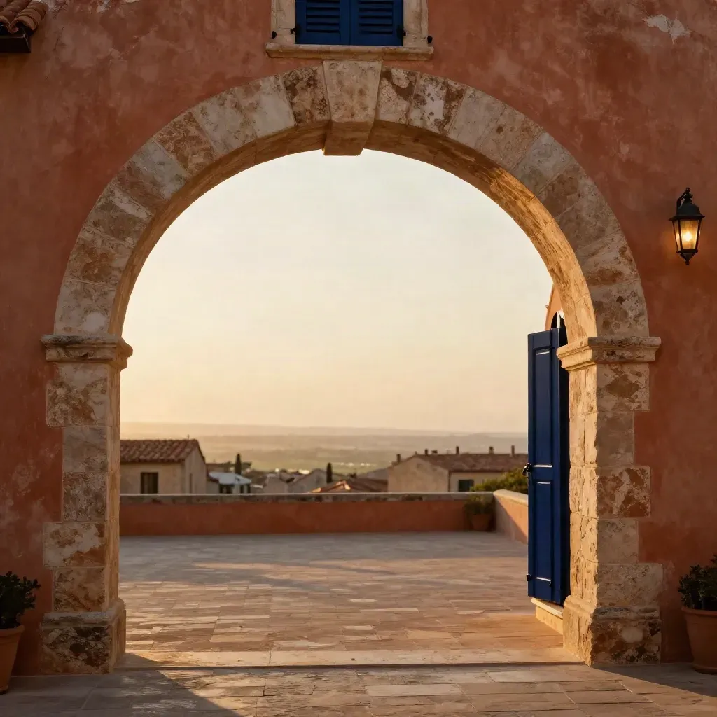 Arched stone passage to a sunset terrace above terracotta rooftops in warm haze.