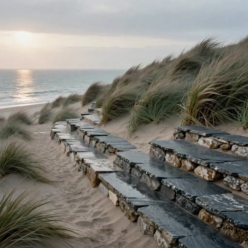 Blue-hour coastal cliff garden with stone steps, wind-shaped grasses and calm sea haze
