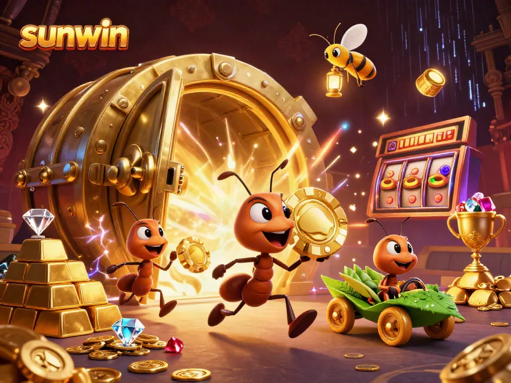 Experience sunwin as a thrilling heist with cartoon ants, a grasshopper driver, and golden casino treasures.