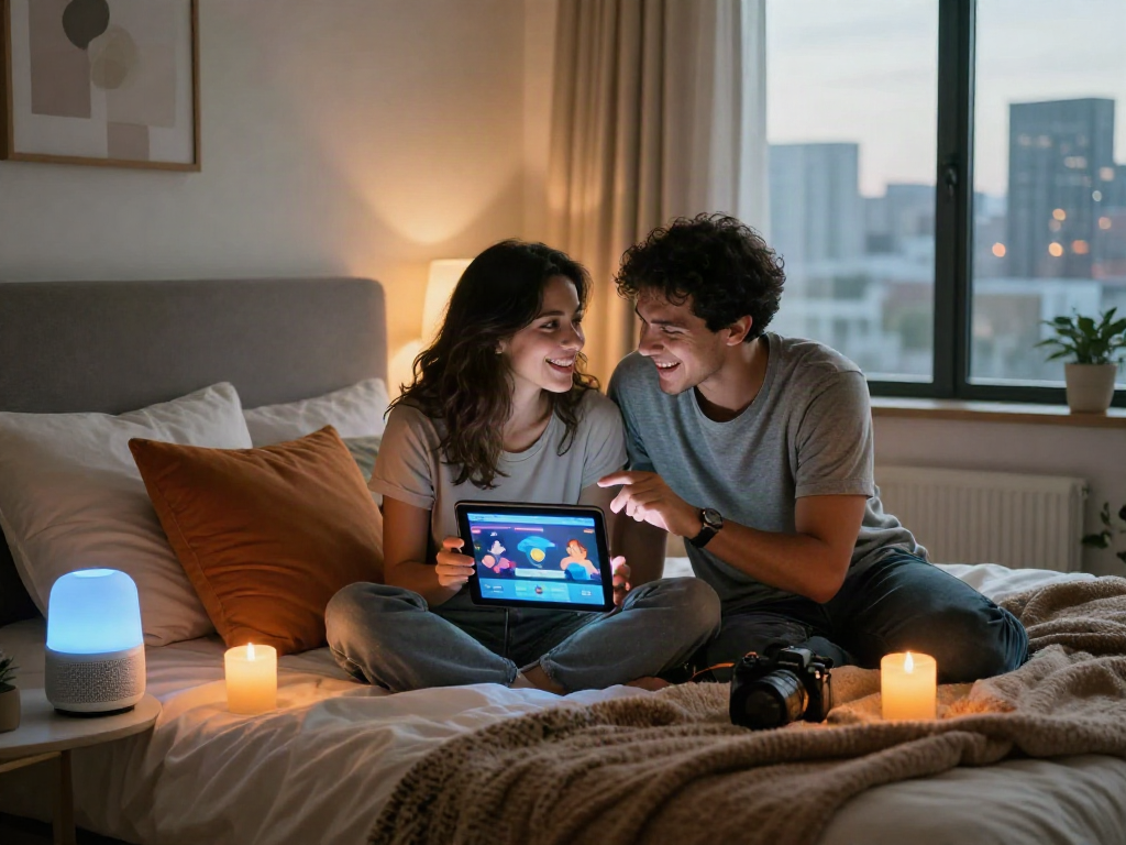 Couple exploring AI sex applications in an intimate modern bedroom setting.