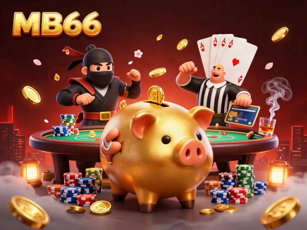 Experience the thrill of MB66 as a golden piggy bank sumo wrestler unleashes golden coins in this vibrant 3D casino scene.