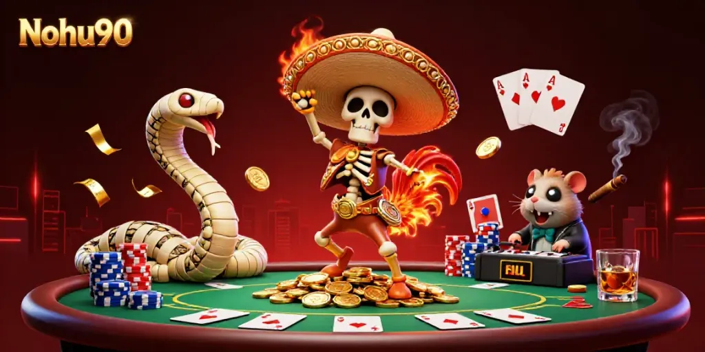 Experience exhilarating wins at Nohu90 with vibrant 3D casino characters celebrating among poker chips and cards.