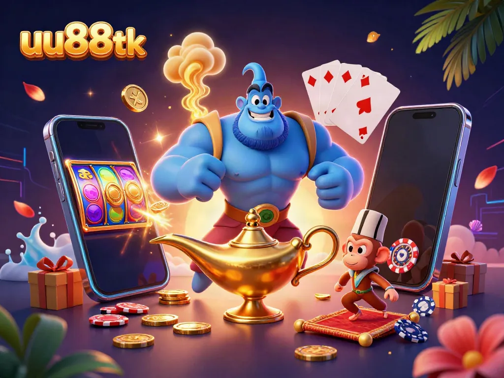 Experience the magic of uu88tk with a vibrant casino scene featuring a Genie and poker elements.