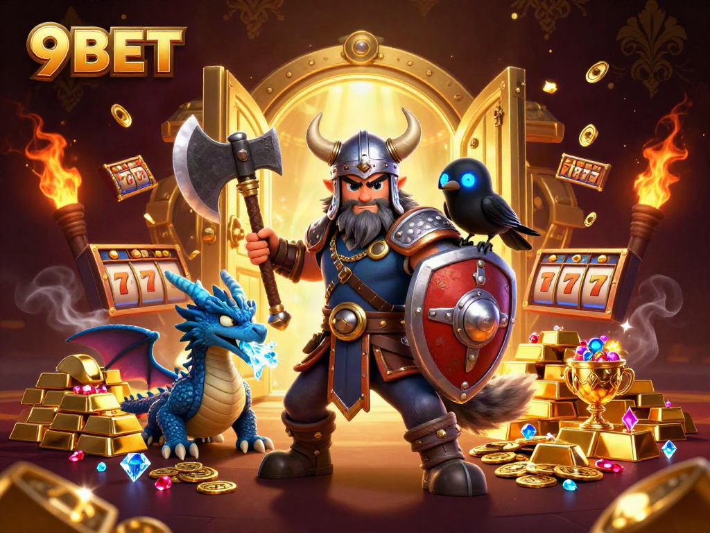 Win big with 9BET as the Viking warrior and dragon unveil riches in a vibrant casino scene.