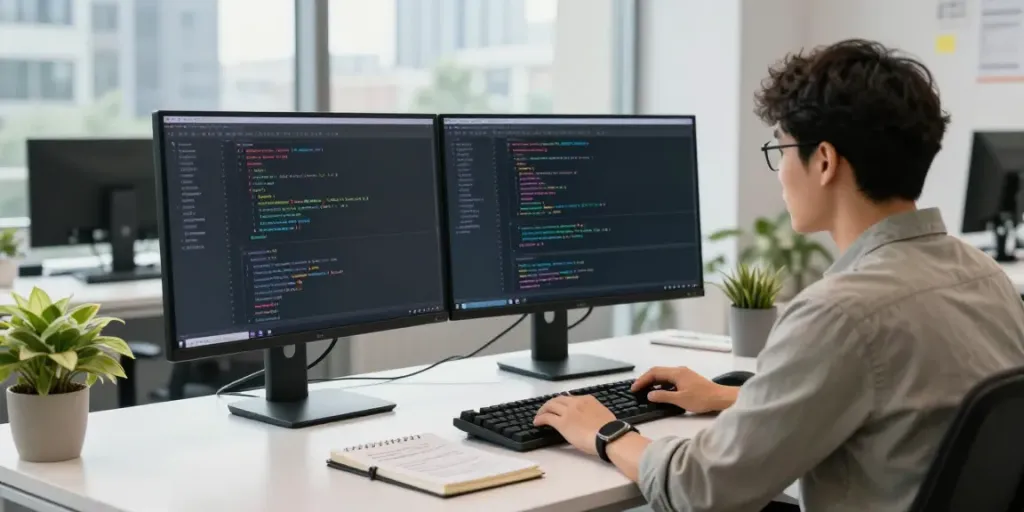 Software engineer demonstrating instant indexing in a modern office setting with dual monitors.