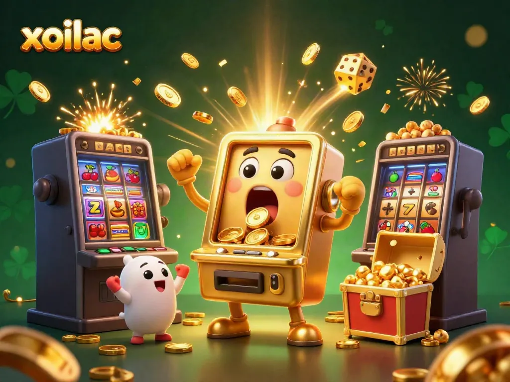 Xoilac delivers exciting slot machine action with golden coins and festive elements in this dynamic scene.