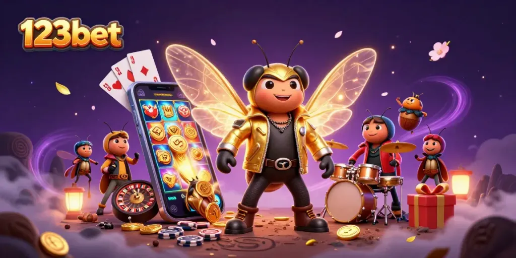 View 123bet's vibrant 3D illustration featuring a rock star cicada and exciting casino elements.