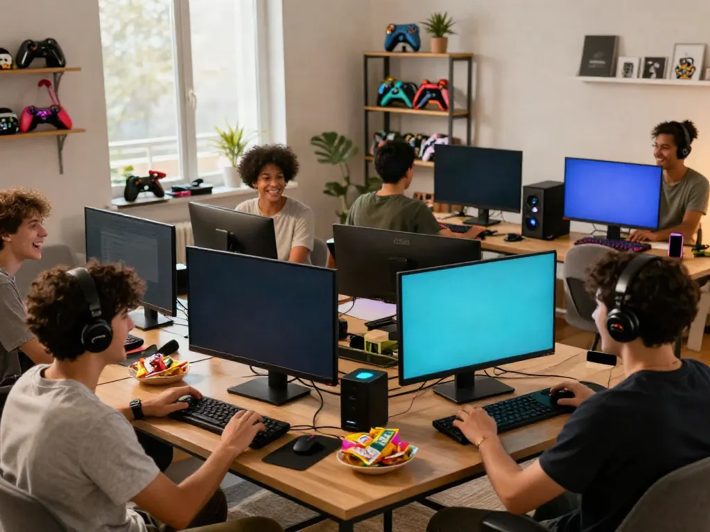 Engaging online gaming experience at GEM88 with diverse players enjoying various games in a vibrant living room setting.