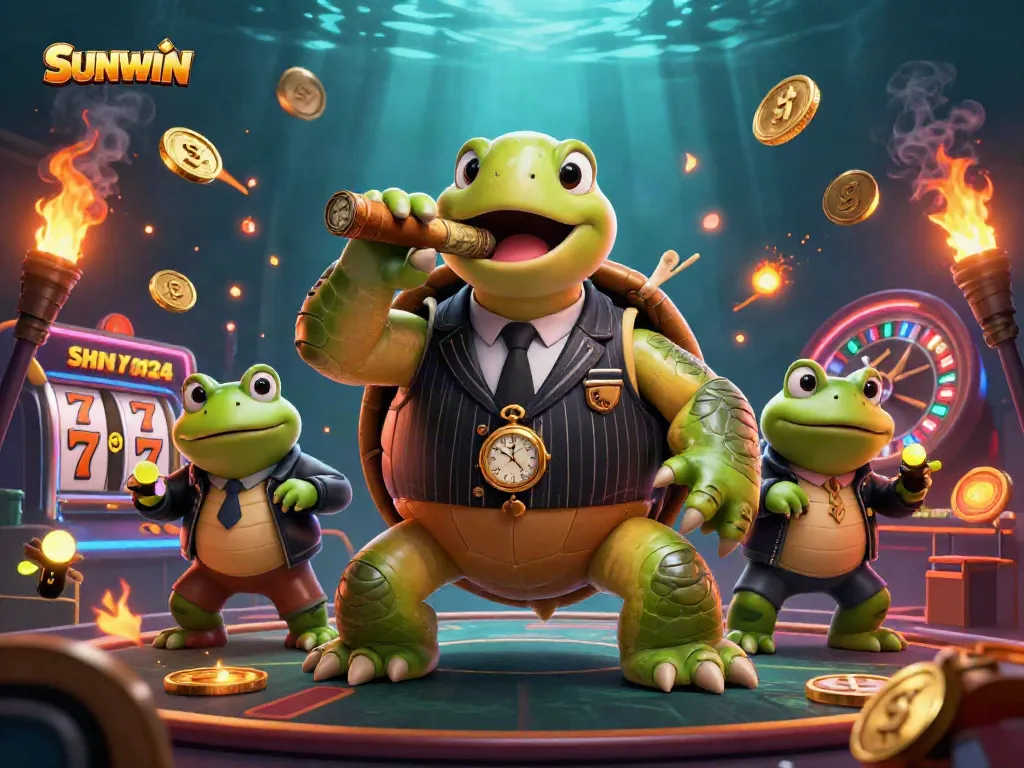SUNWIN captures a dynamic casino scene with a snapping turtle mobster and bullfrog enforcers showcasing exciting slot reels and vibrant game graphics.