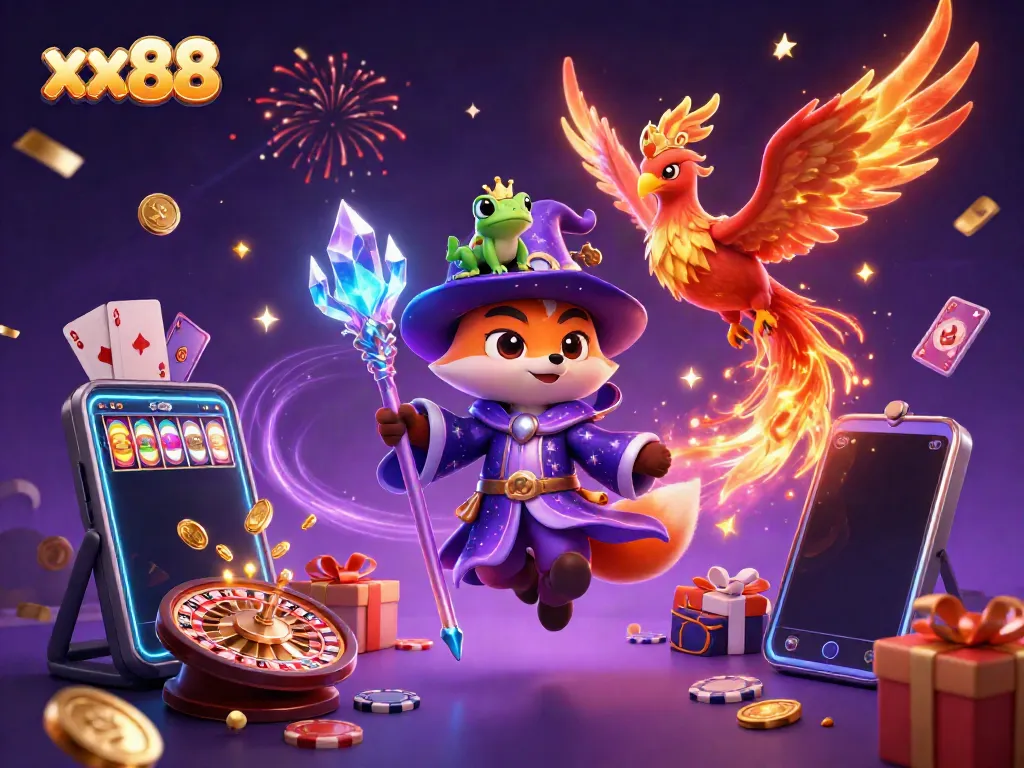 Experience the magic of xx88 casino with a mystical wizard fox and a fiery phoenix in this dynamic illustration.