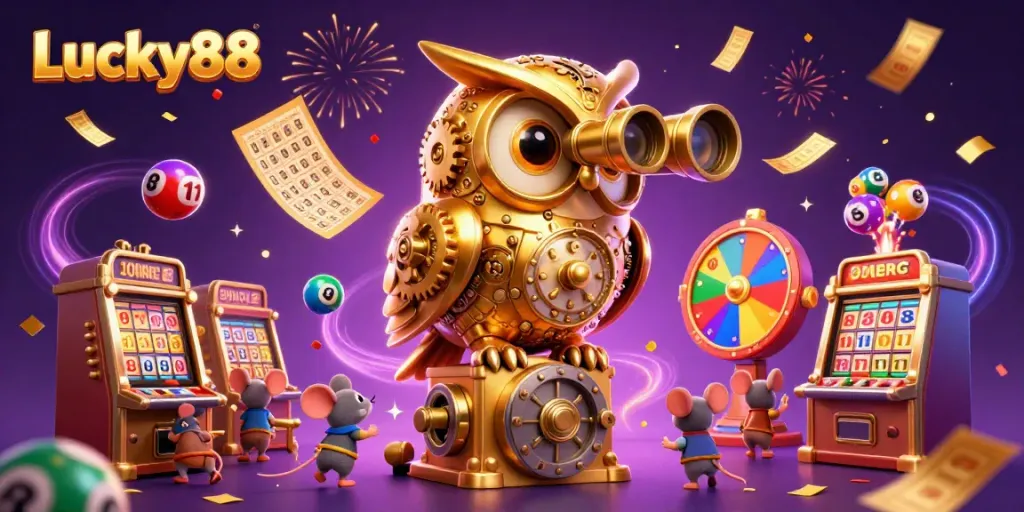 Experience thrilling gameplay at Lucky88 with a vibrant casino scene featuring a clockwork owl, lively mice, and dynamic lottery elements.
