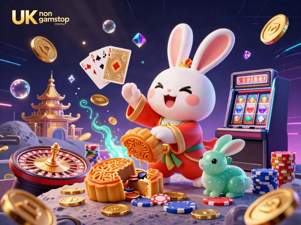 Engage with the excitement of UK non gamstop casinos through a vibrant lunar casino scene showcasing moon rabbits and flying poker elements.
